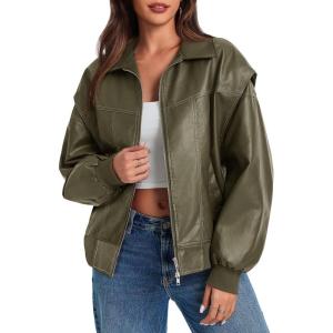 Tankaneo Womens Oversized Leather Bomber Jackets Cap Sleeve Zip Up Motorcycle Coats with Pockets(Army Green)