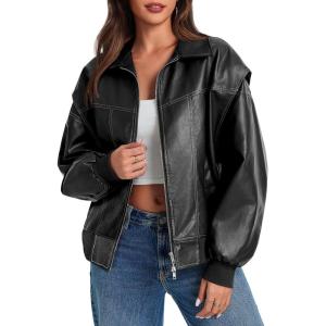 Tankaneo Womens Oversized Leather Bomber Jackets Cap Sleeve Zip Up Motorcycle Coats with Pockets(Black)