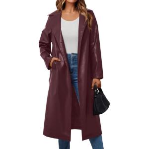 Trendy Queen Womens Long Lapel Faux Leather Jackets Trench Dress Coat Blazer Three Breasted Open Front Peacoat with Belt(Wine)