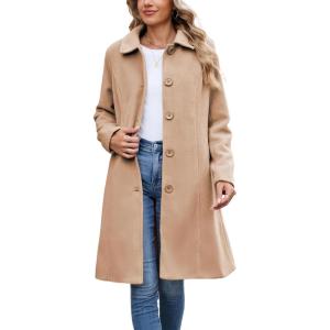 UANEO Womens Peacoat Faux Wool Blend Single Breasted Long Trench Coat Dress Overcoat Winter with Pockets(Camel)