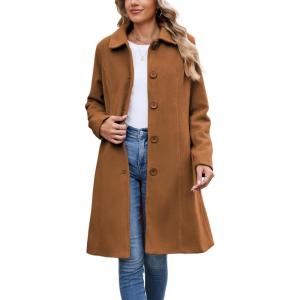 UANEO Womens Peacoat Faux Wool Blend Single Breasted Long Trench Coat Dress Overcoat Winter with Pockets(Caramel)