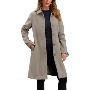 UANEO Womens Peacoat Faux Wool Blend Single Breasted Long Trench Coat Dress Overcoat Winter with Pockets(Taupe)