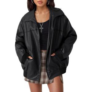 Women’s Faux Oversized Leather Jacket Zip Up Motorcycle Bomber Spring Jackets 2026 Vintage Y2K Tops Winter Coats(Black)
