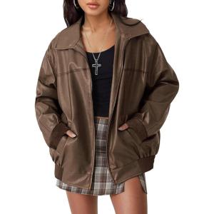 Women’s Faux Oversized Leather Jacket Zip Up Motorcycle Bomber Spring Jackets 2026 Vintage Y2K Tops Winter Coats(Drak Brown)