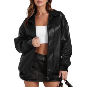 Women’s Leather Jacket Oversized Faux Leather Bomber Jacket Fall Fashion 2025 Trendy Moto Winter Coat with Pocket(Black)