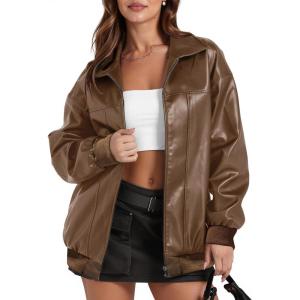 Women’s Leather Jacket Oversized Faux Leather Bomber Jacket Fall Fashion 2025 Trendy Moto Winter Coat with Pocket(Brown)