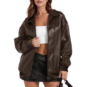 Women’s Leather Jacket Oversized Faux Leather Bomber Jacket Fall Fashion 2025 Trendy Moto Winter Coat with Pocket(Dark Coffee)