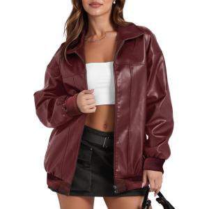 Women’s Leather Jacket Oversized Faux Leather Bomber Jacket Fall Fashion 2025 Trendy Moto Winter Coat with Pocket(Wine Red)