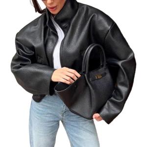 Womens Leather Jacket Zipper Stand Collar Motorcycle Jacket Bomber Jacket Fall Winter Faux Coat(Black)