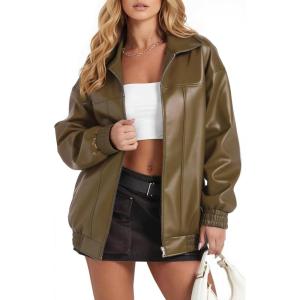Women’s Oversized Leather Jacket, Casual Soft Faux Leather Zip Motorcycle Coat With Pocket 2026 Spring Trendy(Light Brown)