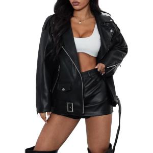 Womens Oversized Leather Jackets Faux Suede Fall Fashion Motorcycle Coats Winter Outfits Clothes Y2k Tops(Black 058)