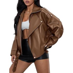 Womens Oversized Leather Jackets Faux Suede Fall Fashion Motorcycle Coats Winter Outfits Clothes Y2k Tops(Brown)