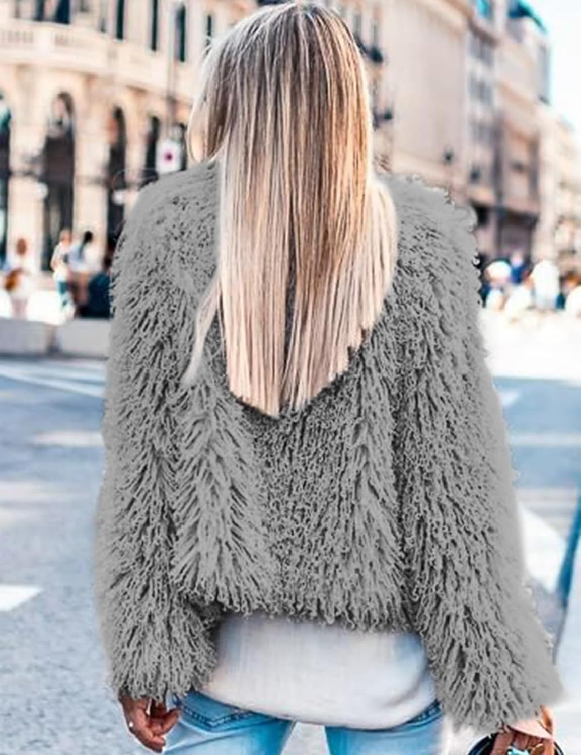 image:imageAoang Womens Faux Fur Jacket Cropped Fleece Warm Outwear Winter Coat Soft Shaggy Faux Fur with Hook Eye ClosuresPerfect for Fall Layers or Mild Winter DaysElevating Casual Chic LookGrey