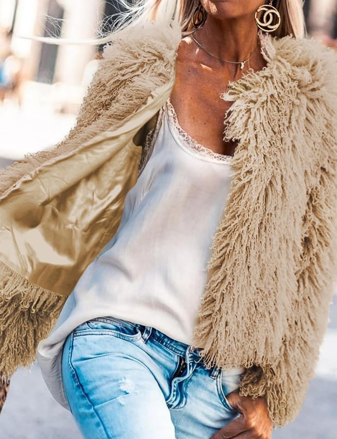 image:imageAoang Womens Faux Fur Jacket Cropped Fleece Warm Outwear Winter Coat Soft Shaggy Faux Fur with Hook Eye ClosuresPerfect for Fall Layers or Mild Winter DaysElevating Casual Chic LookNude