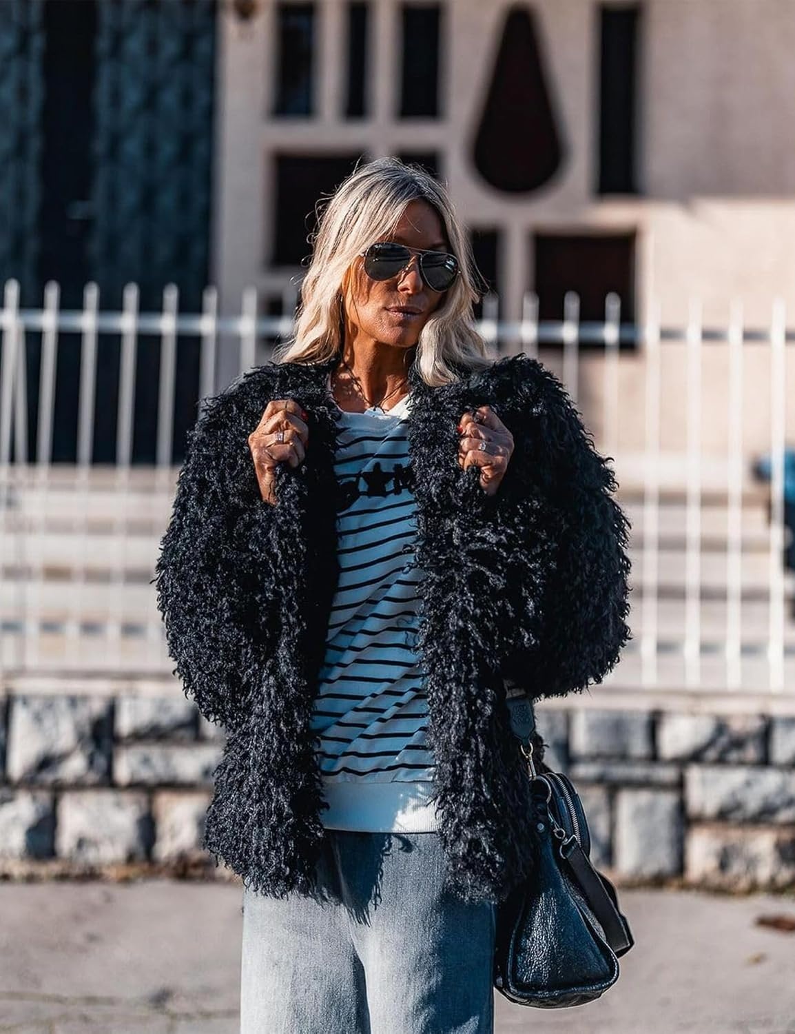 image:imageAoang Womens Faux Fur Jacket Cropped Fleece Warm Outwear Winter Coat Soft Shaggy Faux Fur with Hook Eye ClosuresPerfect for Fall Layers or Mild Winter DaysElevating Casual Chic LookBlack