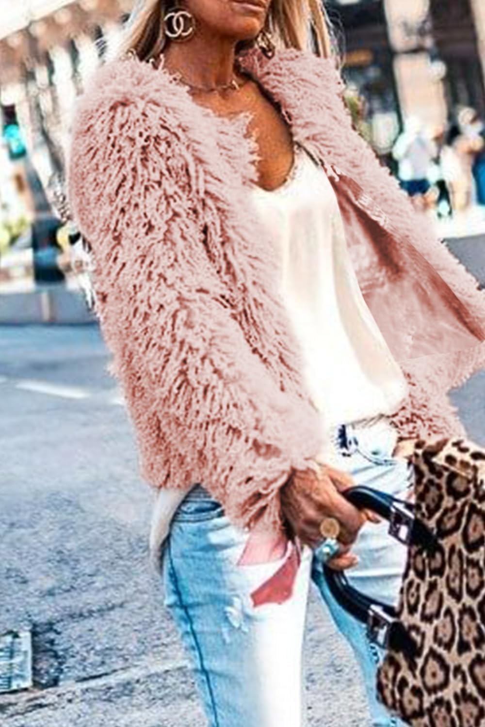 image:imageAoang Womens Faux Fur Jacket Cropped Fleece Warm Outwear Winter Coat Soft Shaggy Faux Fur with Hook Eye ClosuresPerfect for Fall Layers or Mild Winter DaysElevating Casual Chic LookPink