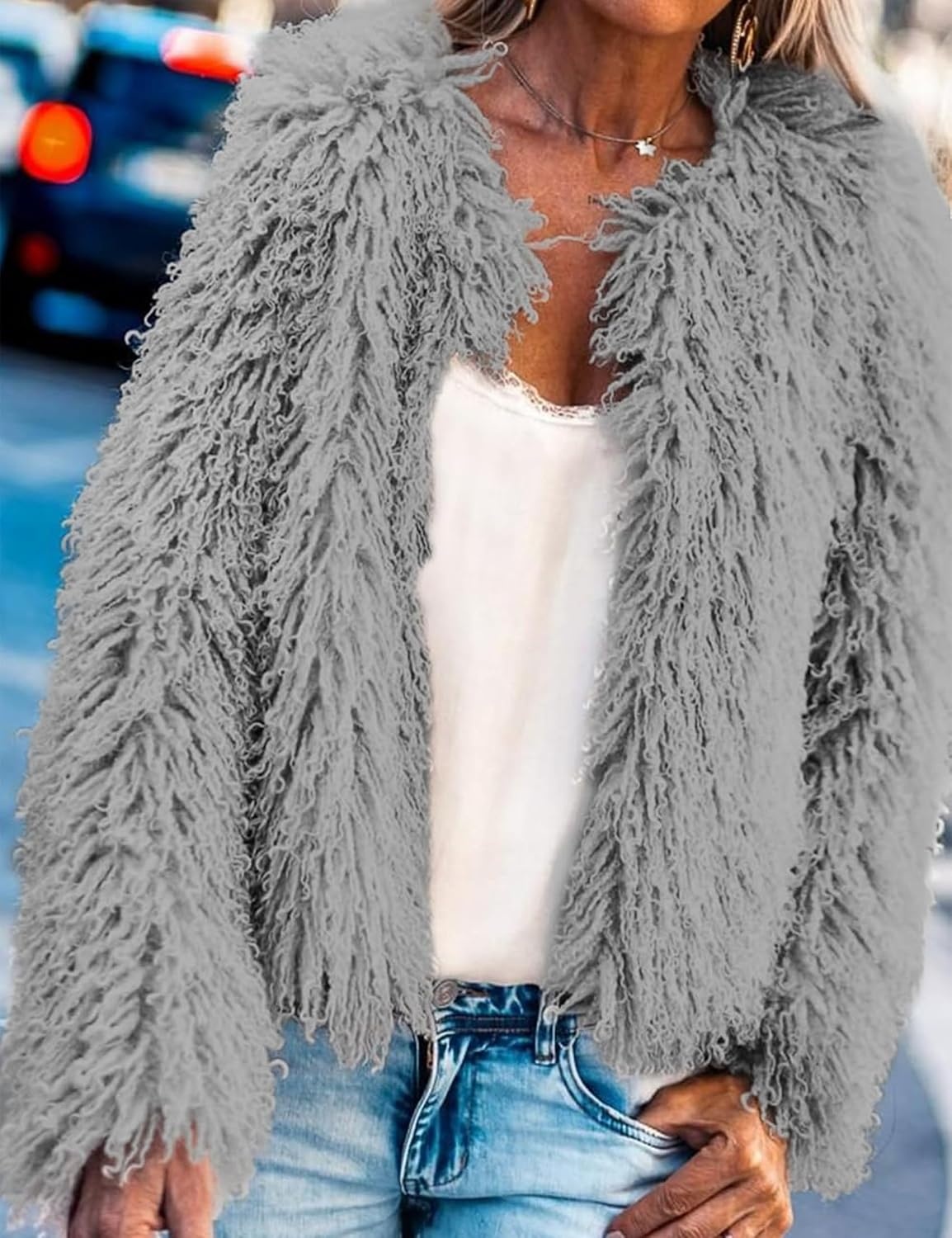 image:imageAoang Womens Faux Fur Jacket Cropped Fleece Warm Outwear Winter Coat Soft Shaggy Faux Fur with Hook Eye ClosuresPerfect for Fall Layers or Mild Winter DaysElevating Casual Chic LookGrey