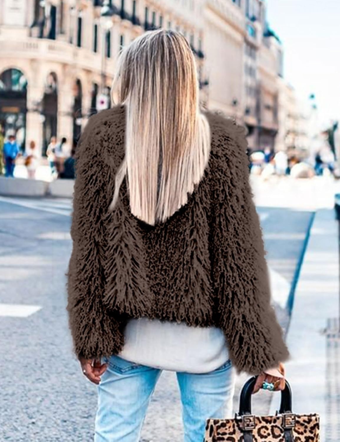 image:imageAoang Womens Faux Fur Jacket Cropped Fleece Warm Outwear Winter Coat Soft Shaggy Faux Fur with Hook Eye ClosuresPerfect for Fall Layers or Mild Winter DaysElevating Casual Chic LookCoffee
