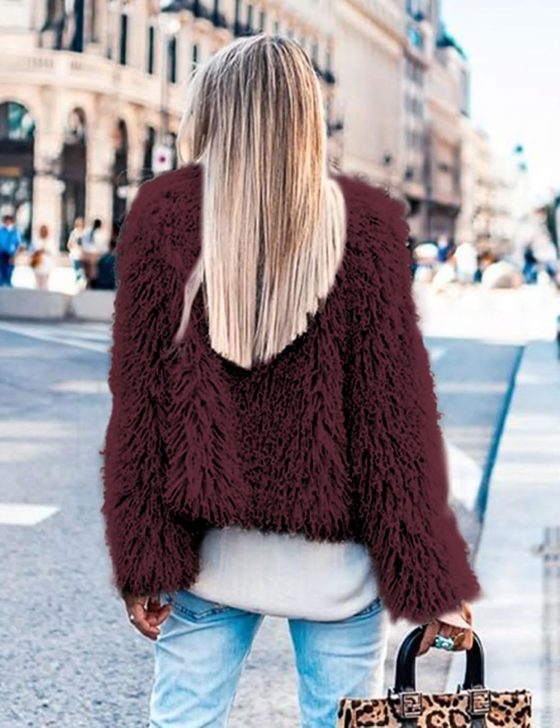 image:imageAoang Womens Faux Fur Jacket Cropped Fleece Warm Outwear Winter Coat Soft Shaggy Faux Fur with Hook Eye ClosuresPerfect for Fall Layers or Mild Winter DaysElevating Casual Chic LookWine Red
