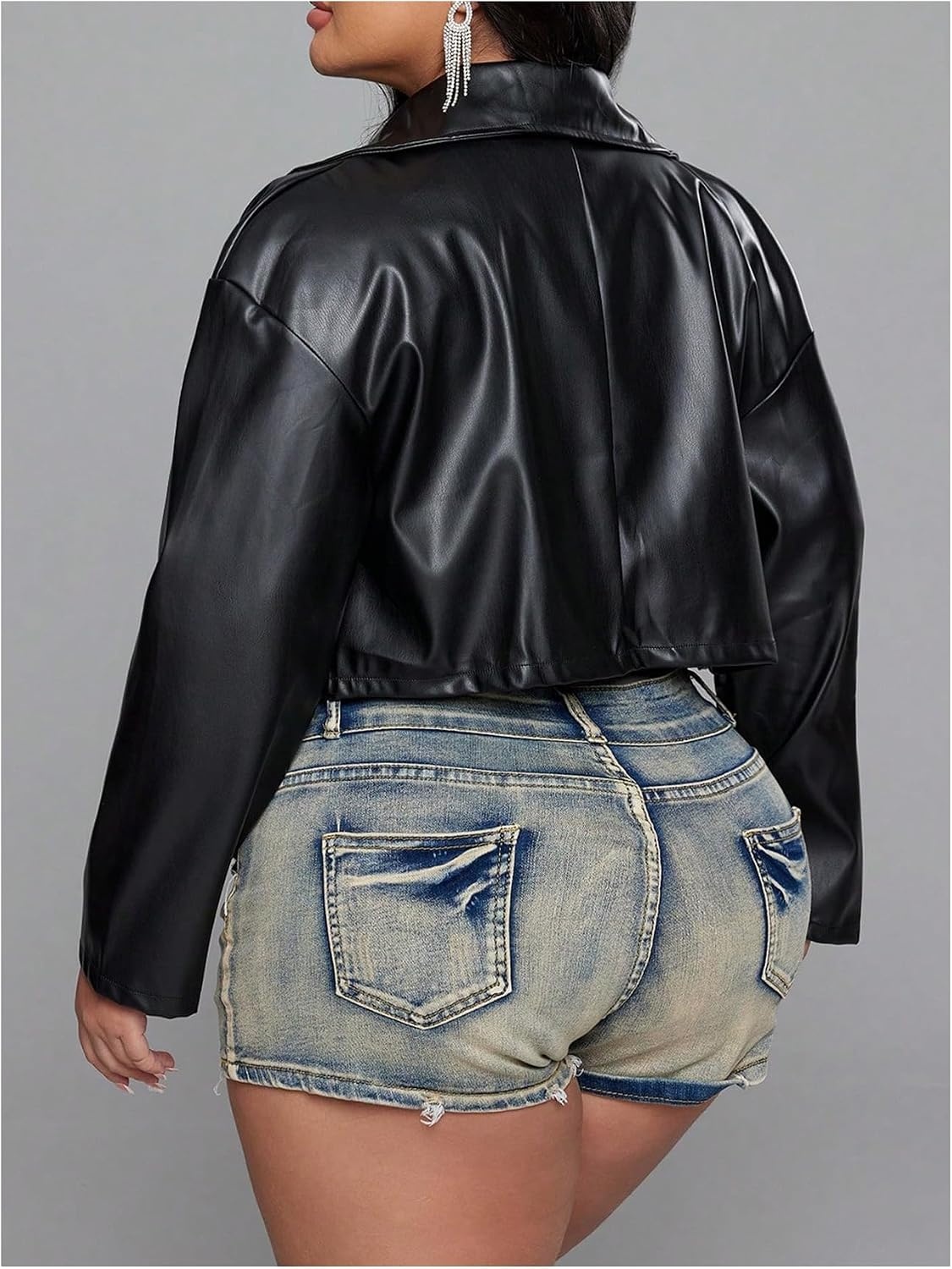 image:imageBEAUDRM Womens Plus Size Faux Leather Jacket Full Zip Long Sleeve Bomber Outerwear Crop Motorcycle Biker CoatBlack