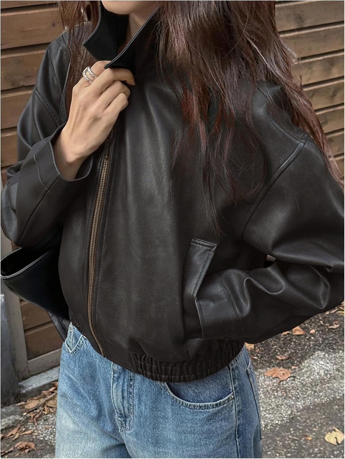 image:imageBEAUDRM Womens Y2K Faux Leather Jacket Zip Up Crop Bomber Jacket Going Out Motor Bike Motorcycle Coat Streetwear with PocketBlack