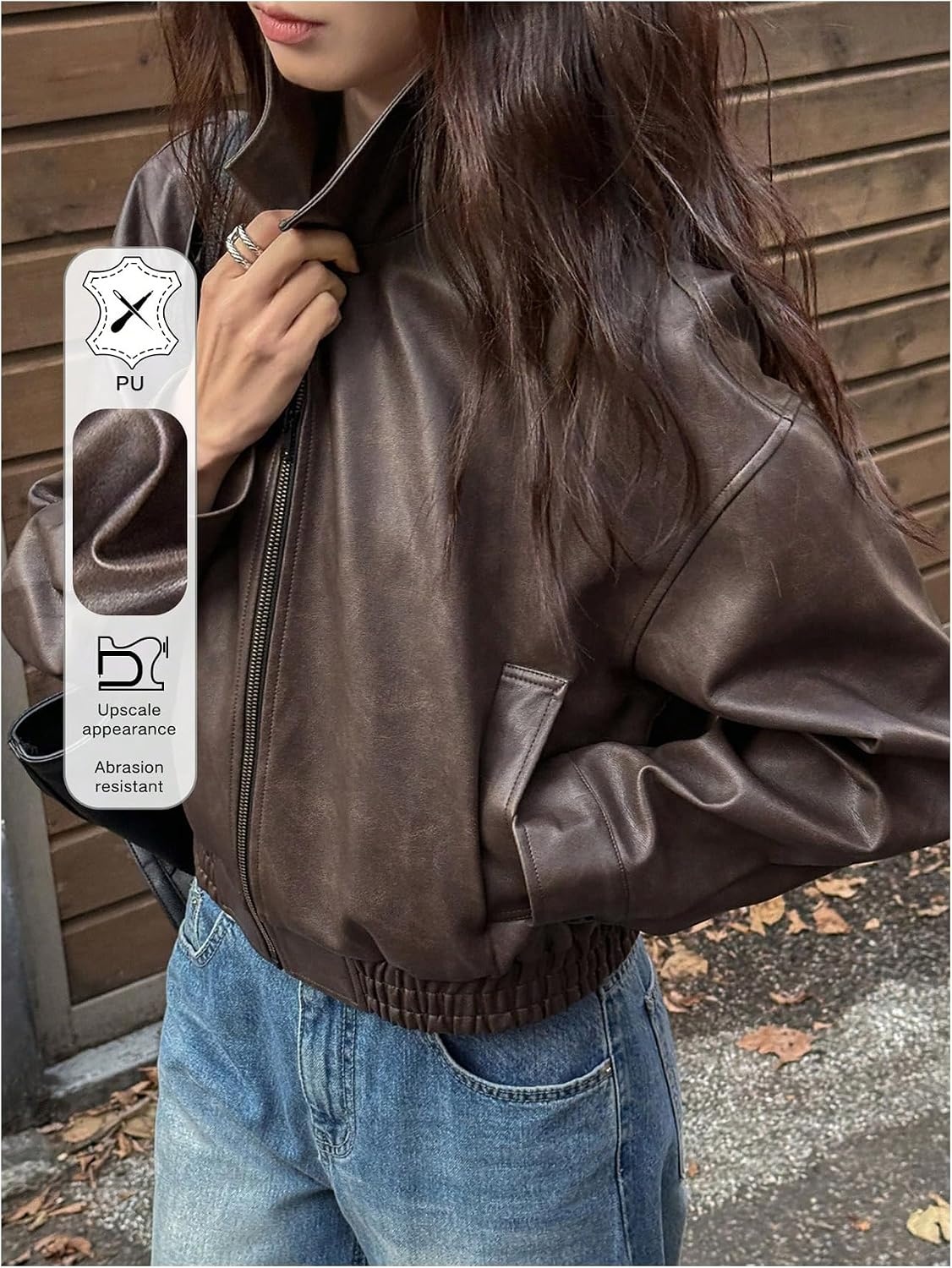 image:imageBEAUDRM Womens Y2K Faux Leather Jacket Zip Up Crop Bomber Jacket Going Out Motor Bike Motorcycle Coat Streetwear with PocketBrown