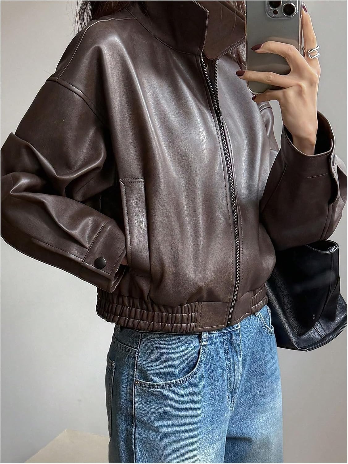image:imageBEAUDRM Womens Y2K Faux Leather Jacket Zip Up Crop Bomber Jacket Going Out Motor Bike Motorcycle Coat Streetwear with PocketBrown
