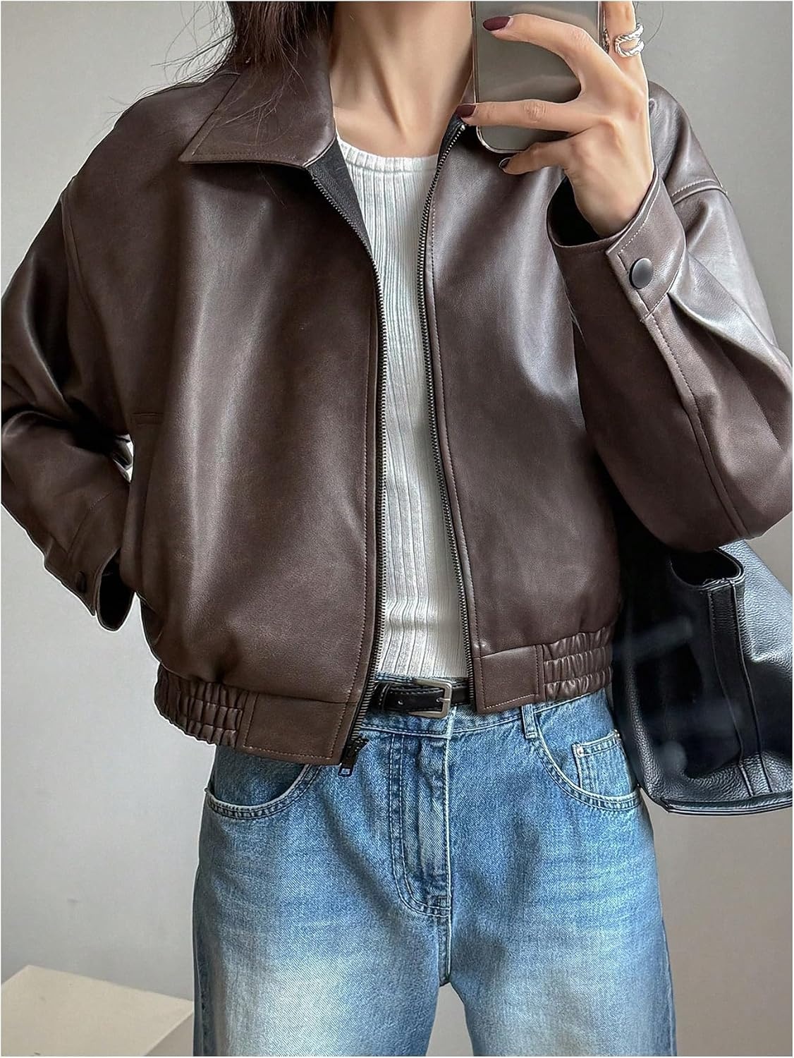 image:imageBEAUDRM Womens Y2K Faux Leather Jacket Zip Up Crop Bomber Jacket Going Out Motor Bike Motorcycle Coat Streetwear with PocketBrown