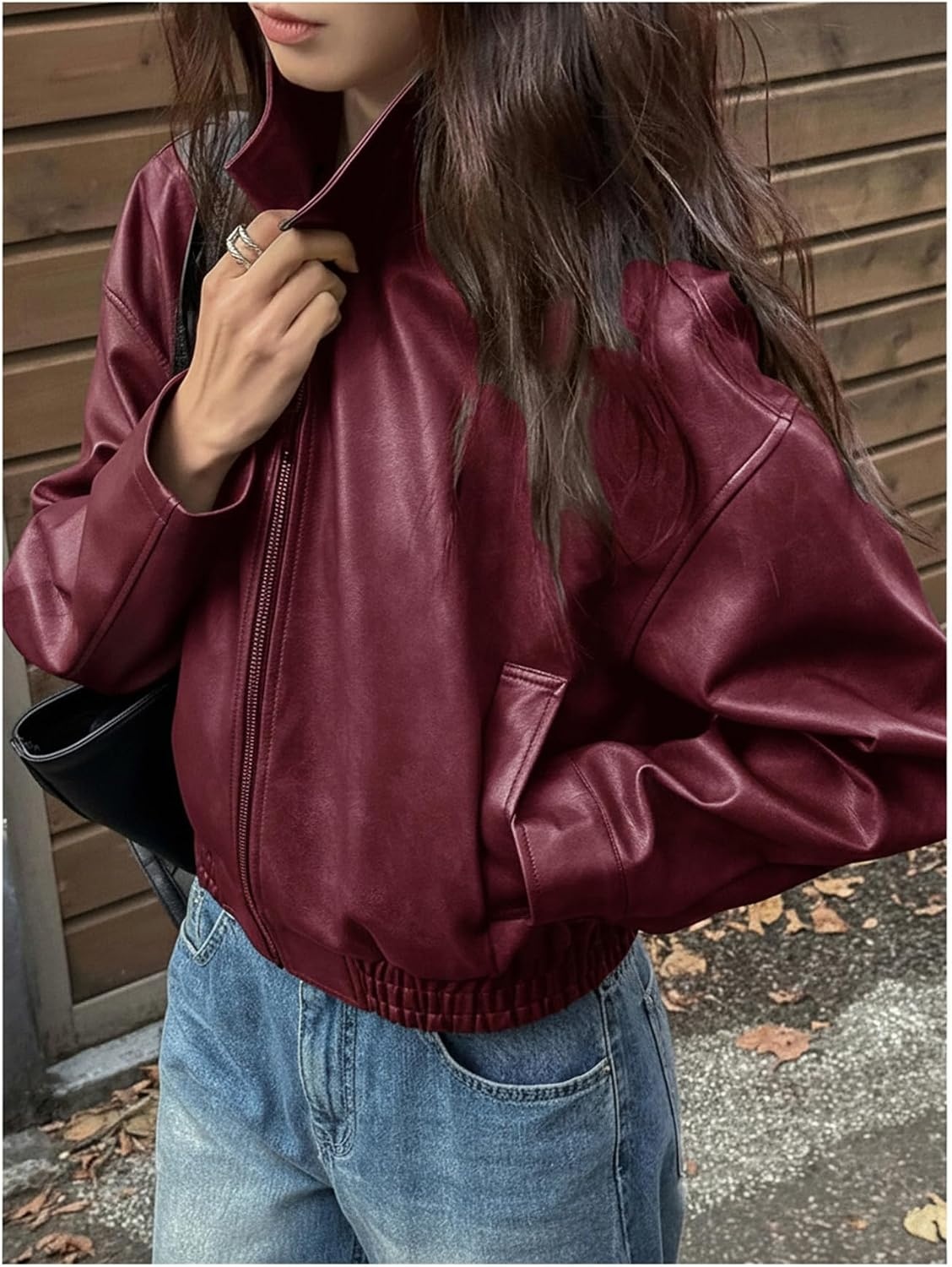 image:imageBEAUDRM Womens Y2K Faux Leather Jacket Zip Up Crop Bomber Jacket Going Out Motor Bike Motorcycle Coat Streetwear with PocketBurgundy