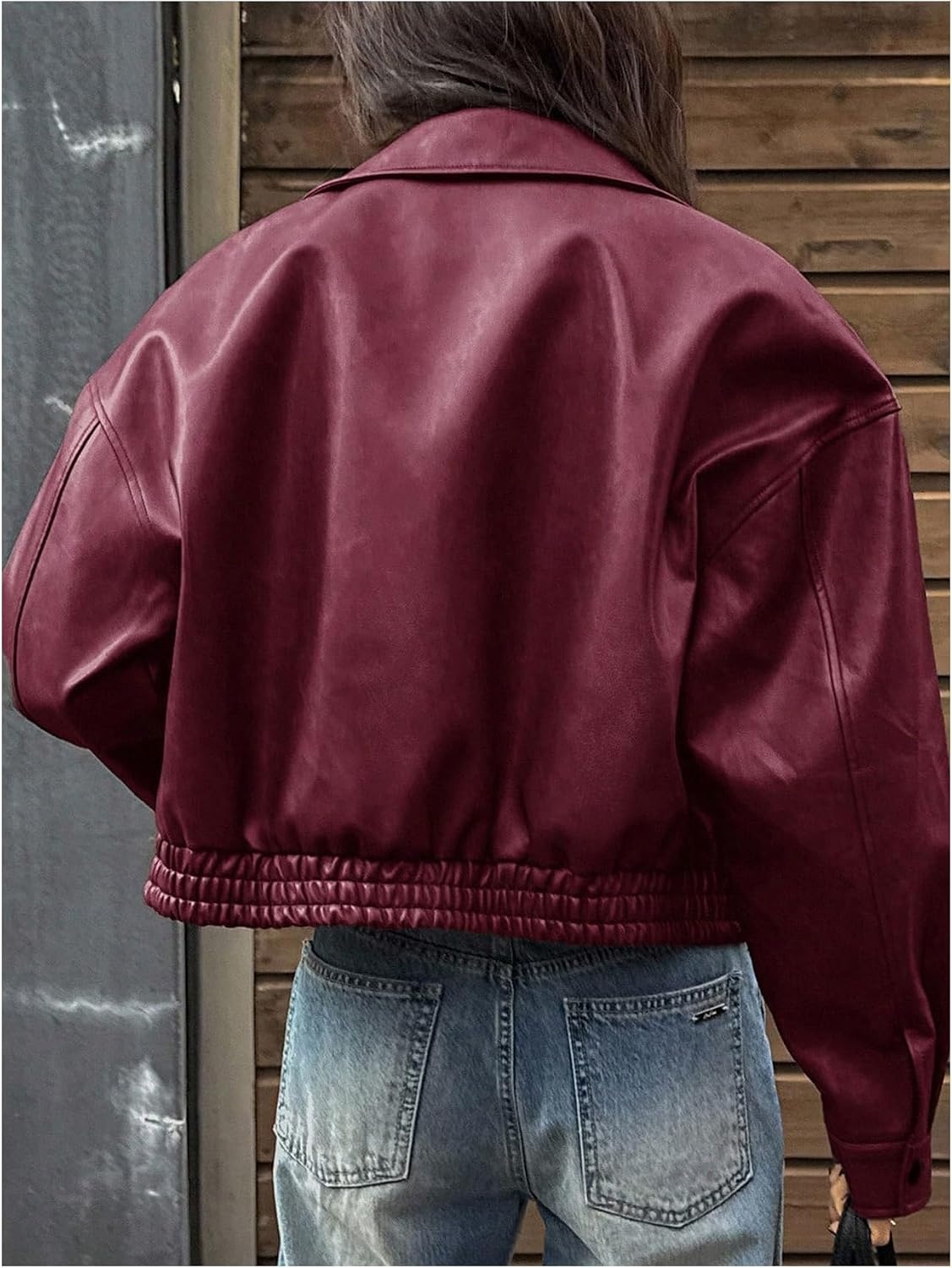 image:imageBEAUDRM Womens Y2K Faux Leather Jacket Zip Up Crop Bomber Jacket Going Out Motor Bike Motorcycle Coat Streetwear with PocketBurgundy