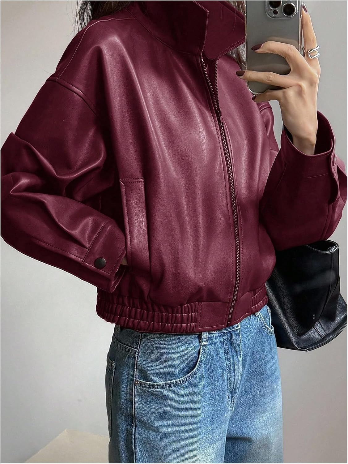 image:imageBEAUDRM Womens Y2K Faux Leather Jacket Zip Up Crop Bomber Jacket Going Out Motor Bike Motorcycle Coat Streetwear with PocketBurgundy