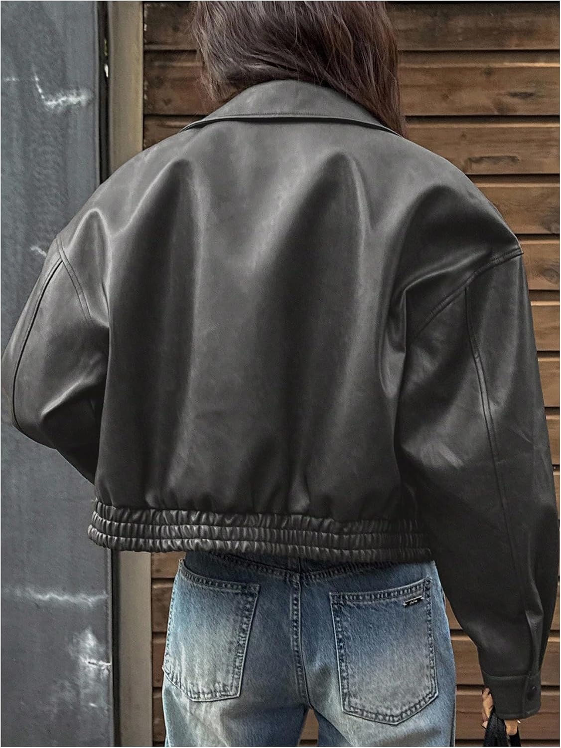 image:imageBEAUDRM Womens Y2K Faux Leather Jacket Zip Up Crop Bomber Jacket Going Out Motor Bike Motorcycle Coat Streetwear with PocketGrey