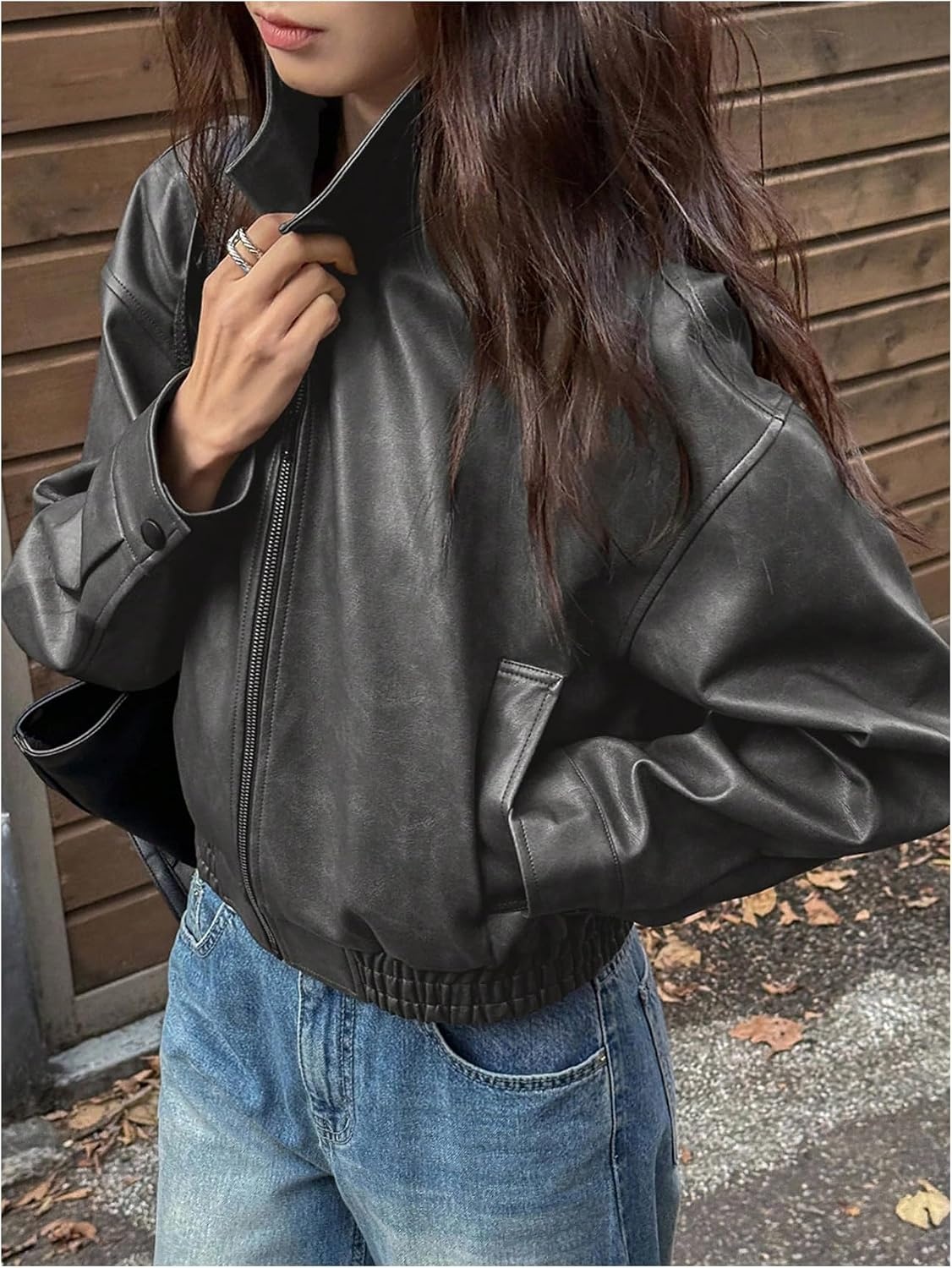 image:imageBEAUDRM Womens Y2K Faux Leather Jacket Zip Up Crop Bomber Jacket Going Out Motor Bike Motorcycle Coat Streetwear with PocketGrey