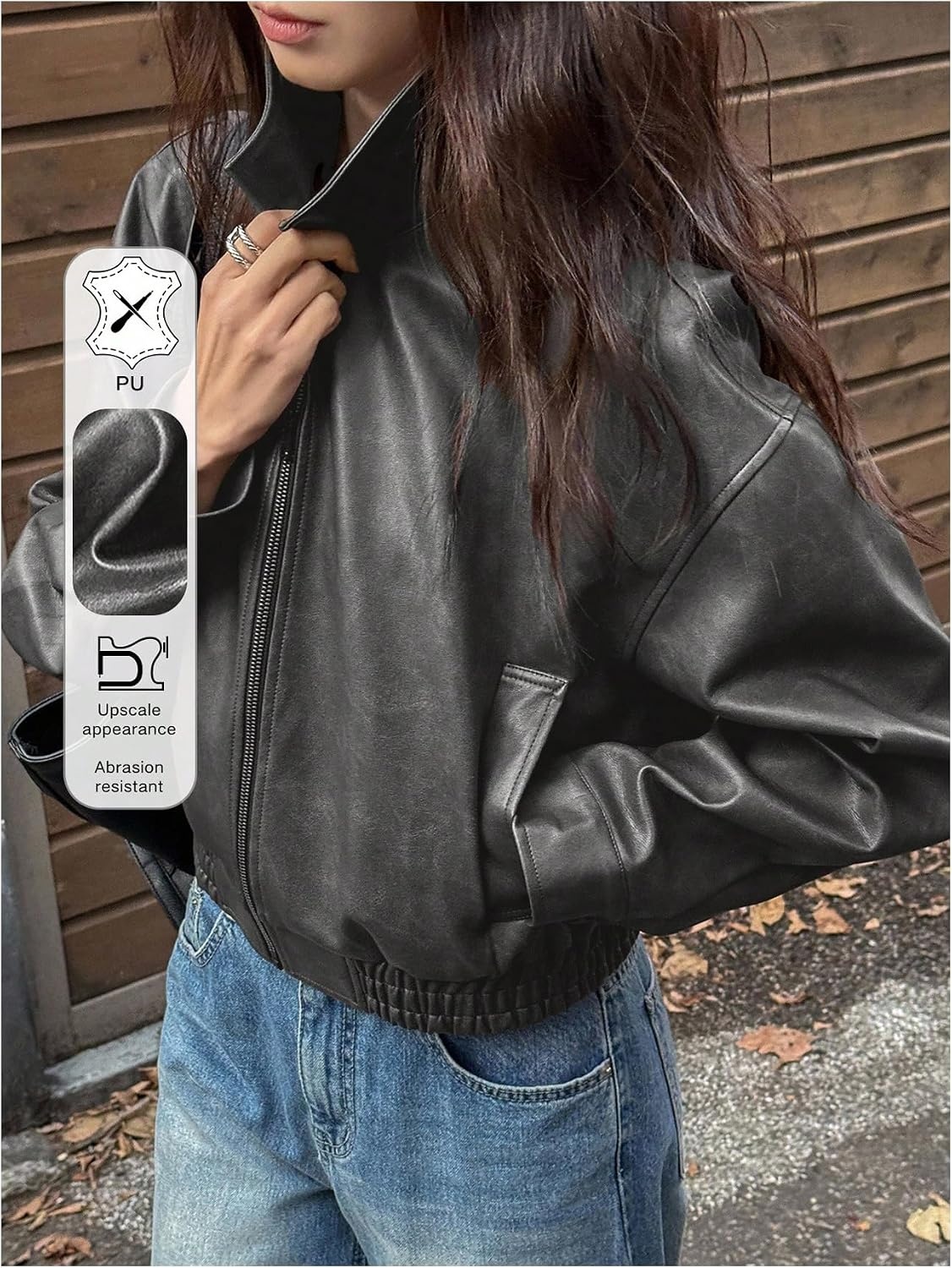 image:imageBEAUDRM Womens Y2K Faux Leather Jacket Zip Up Crop Bomber Jacket Going Out Motor Bike Motorcycle Coat Streetwear with PocketGrey