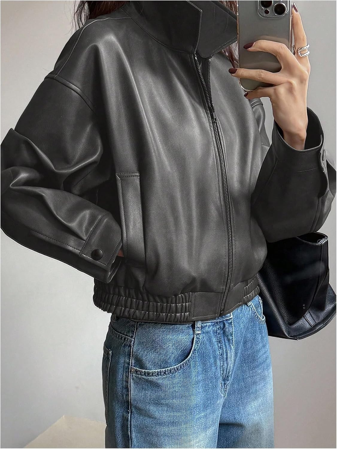 image:imageBEAUDRM Womens Y2K Faux Leather Jacket Zip Up Crop Bomber Jacket Going Out Motor Bike Motorcycle Coat Streetwear with PocketGrey