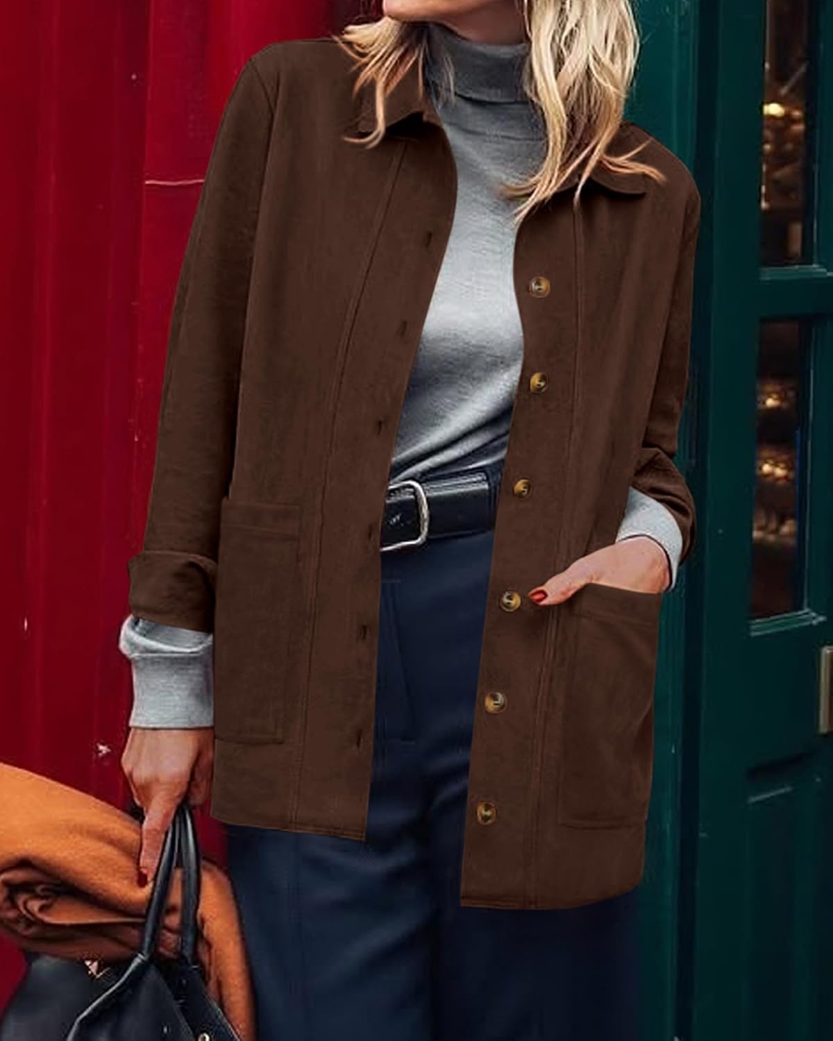 image:imageBTFBM Fall Fashion Faux Suede Jacket Women Winter Clothing NoSew Lapel Neck amp Cuff Long Sleeve Shackets Button Down Outerwear Lightweight Jackets Coats With Pocket Western OutfitCoffee