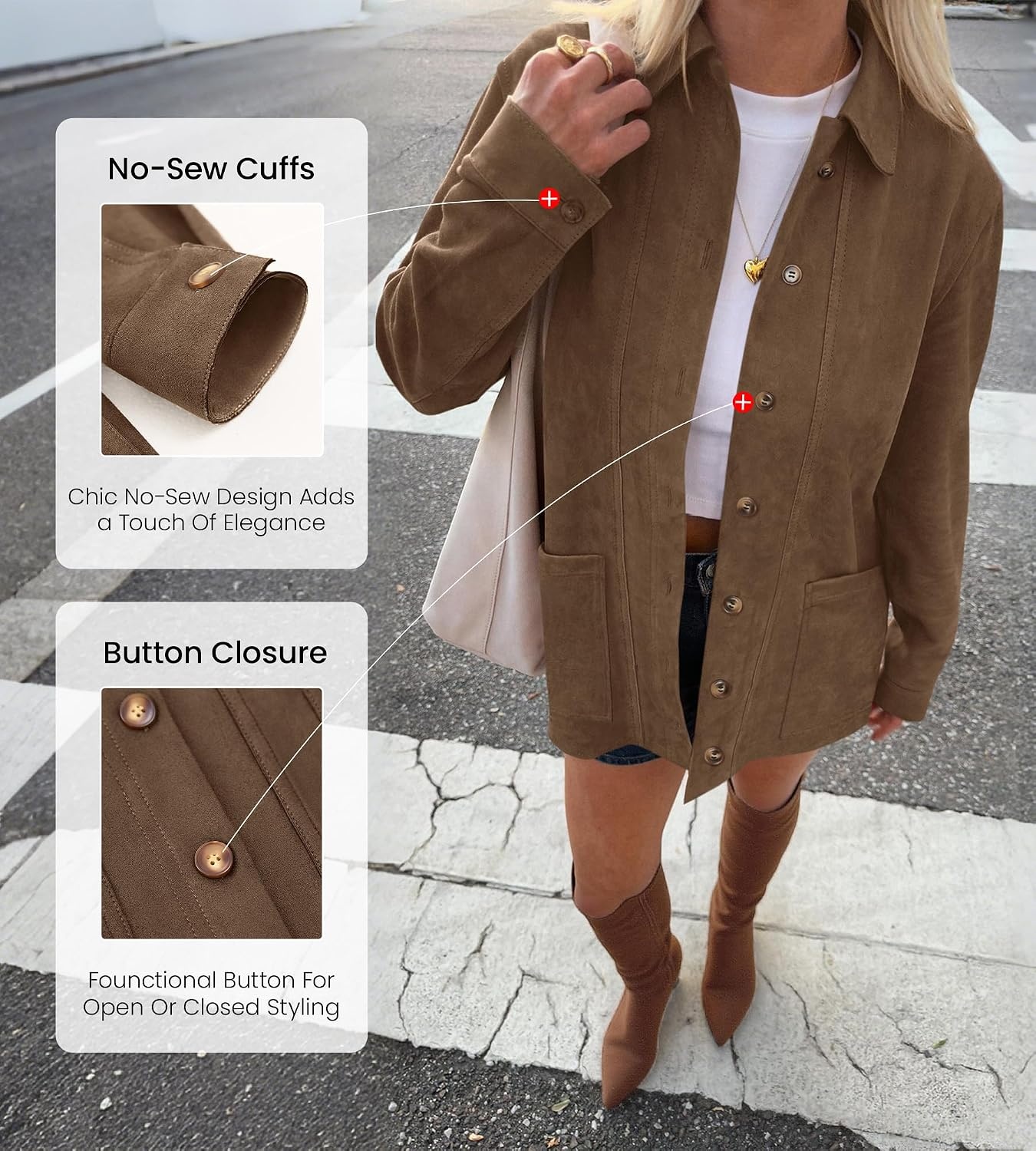 image:imageBTFBM Fall Fashion Faux Suede Jacket Women Winter Clothing NoSew Lapel Neck amp Cuff Long Sleeve Shackets Button Down Outerwear Lightweight Jackets Coats With Pocket Western OutfitLight Brown