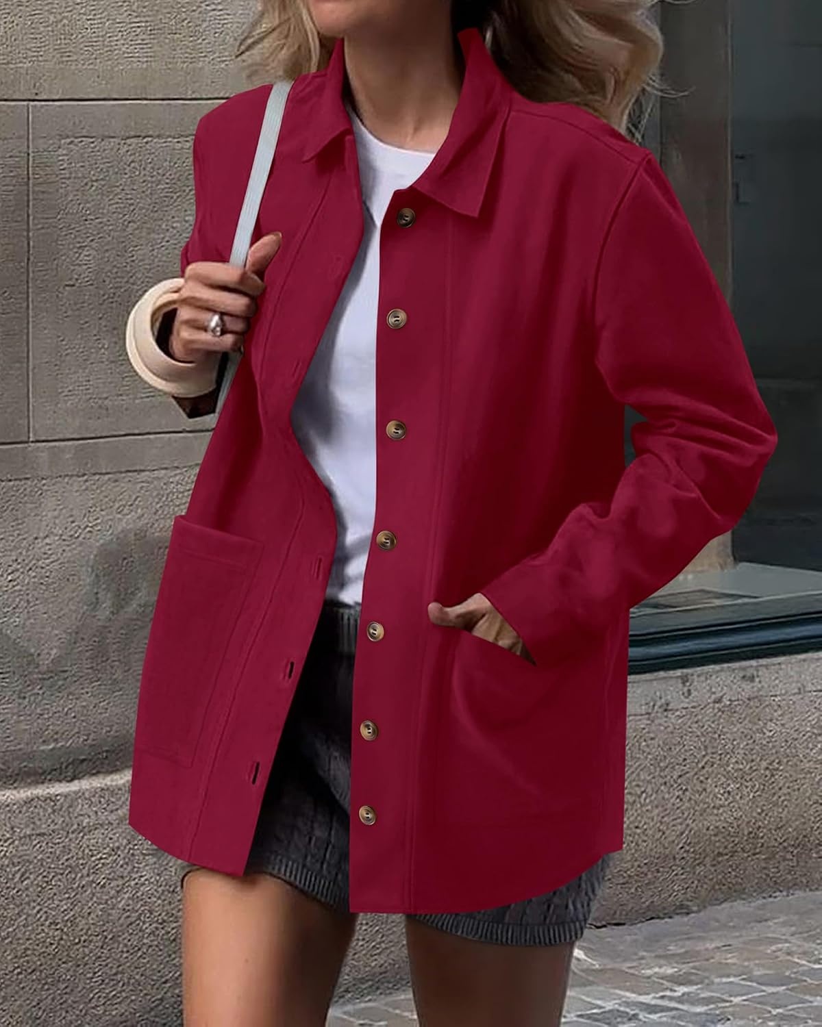image:imageBTFBM Fall Fashion Faux Suede Jacket Women Winter Clothing NoSew Lapel Neck amp Cuff Long Sleeve Shackets Button Down Outerwear Lightweight Jackets Coats With Pocket Western OutfitRed