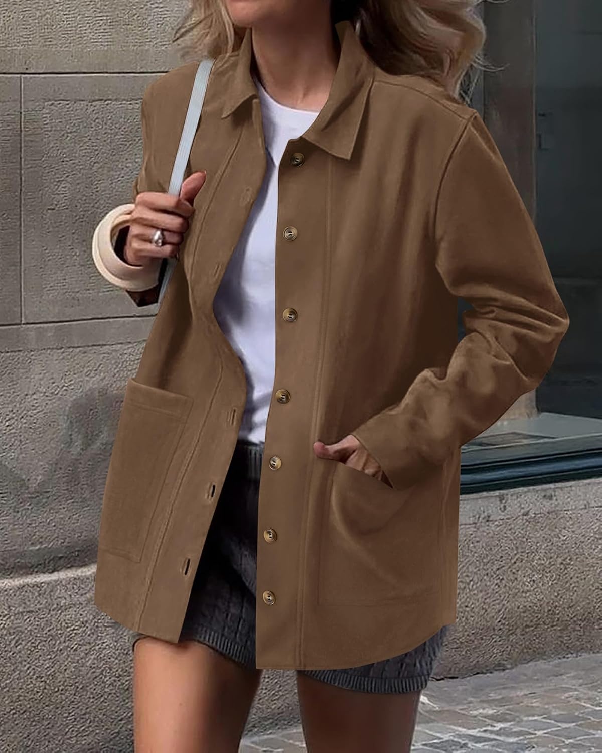 image:imageBTFBM Fall Fashion Faux Suede Jacket Women Winter Clothing NoSew Lapel Neck amp Cuff Long Sleeve Shackets Button Down Outerwear Lightweight Jackets Coats With Pocket Western OutfitLight Brown