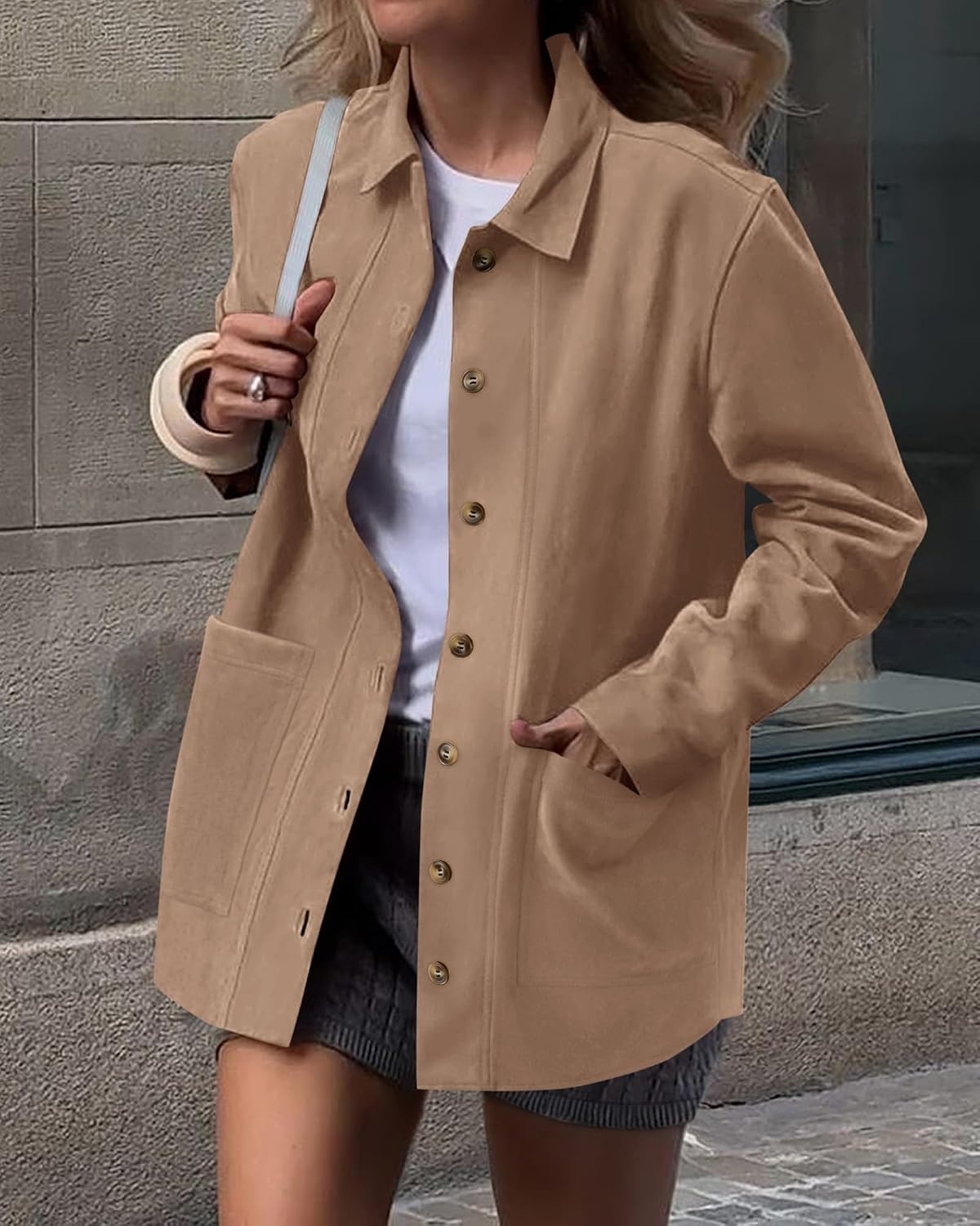image:imageBTFBM Fall Fashion Faux Suede Jacket Women Winter Clothing NoSew Lapel Neck amp Cuff Long Sleeve Shackets Button Down Outerwear Lightweight Jackets Coats With Pocket Western OutfitLight Khaki