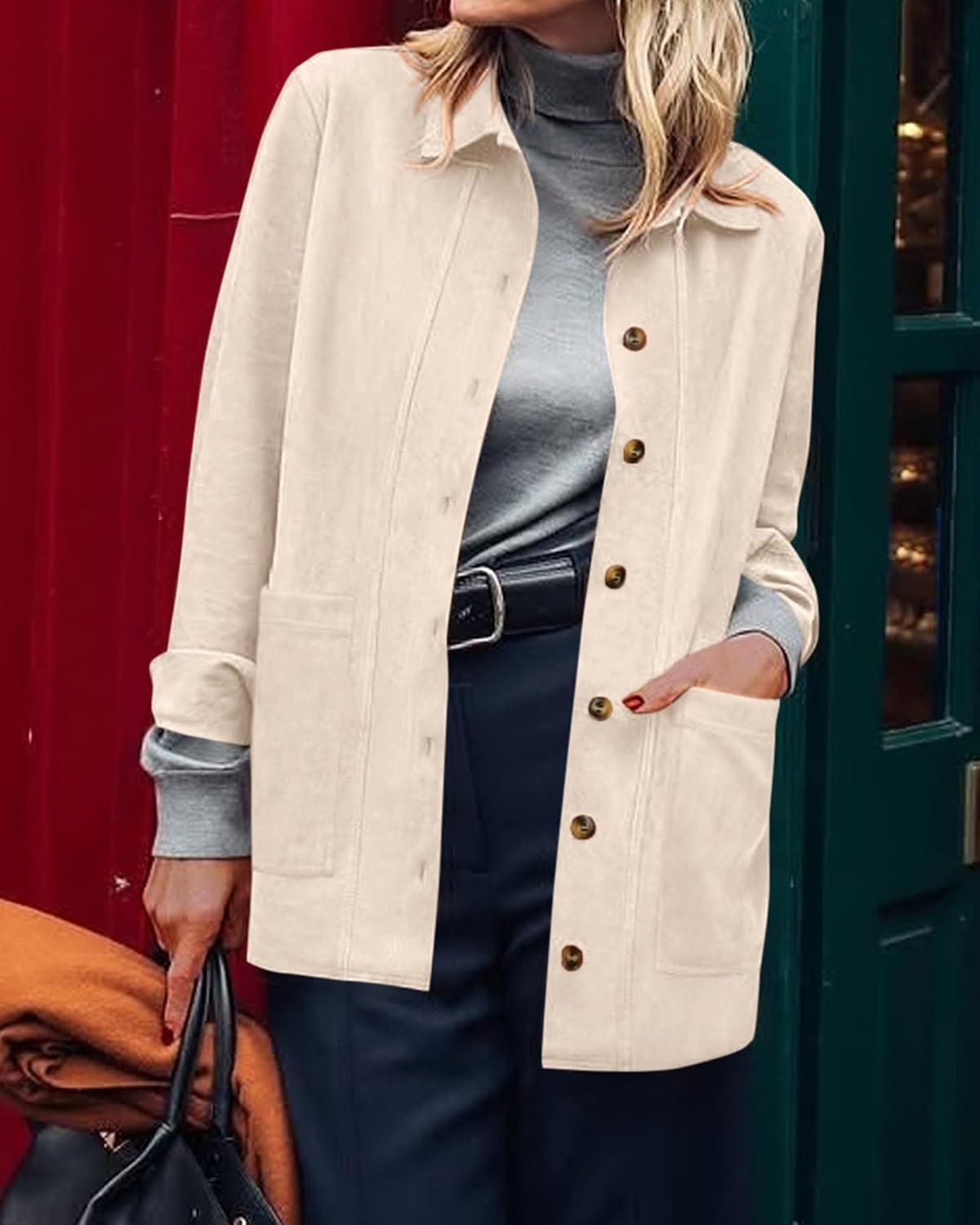image:imageBTFBM Fall Fashion Faux Suede Jacket Women Winter Clothing NoSew Lapel Neck amp Cuff Long Sleeve Shackets Button Down Outerwear Lightweight Jackets Coats With Pocket Western OutfitBeige