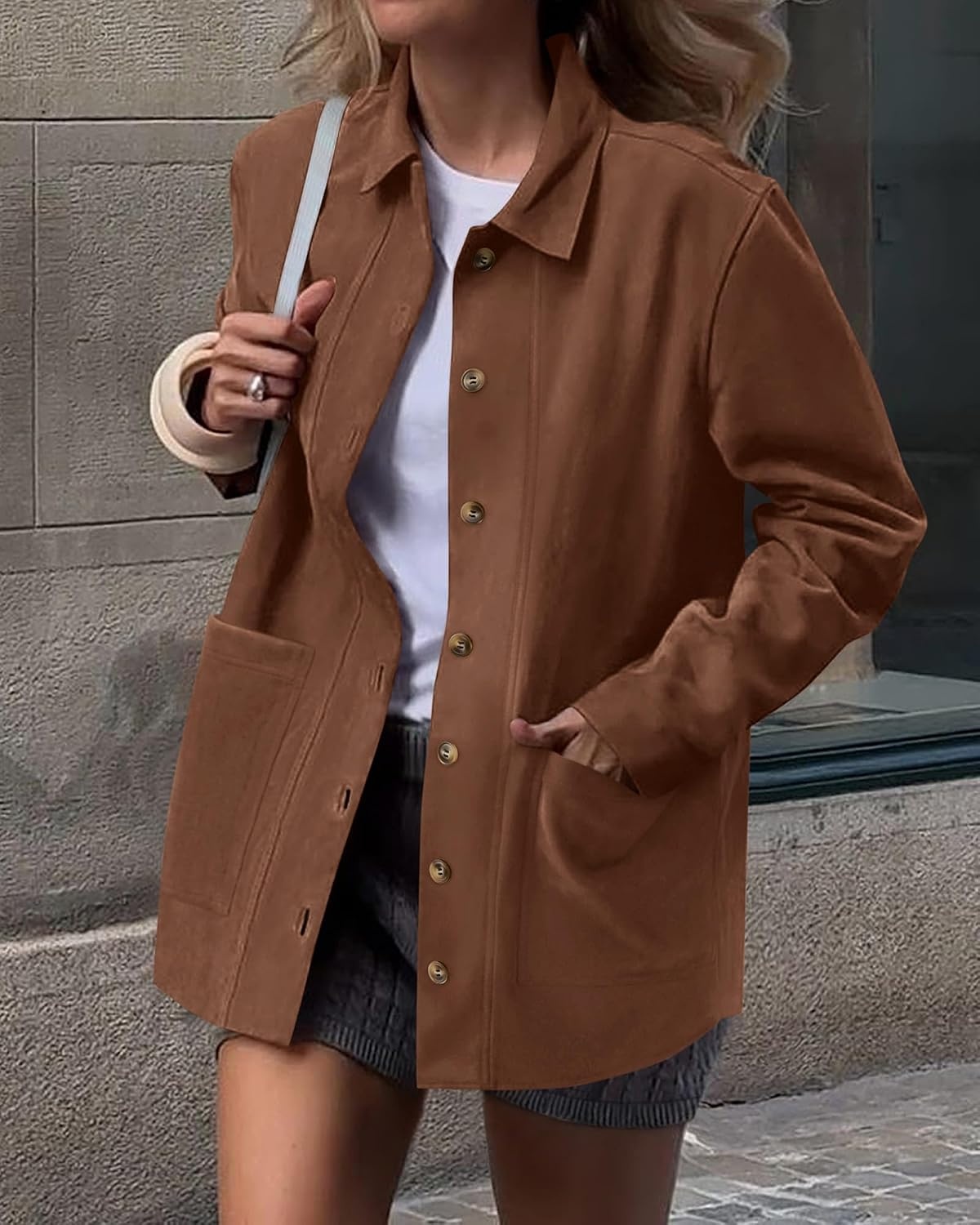 image:imageBTFBM Fall Fashion Faux Suede Jacket Women Winter Clothing NoSew Lapel Neck amp Cuff Long Sleeve Shackets Button Down Outerwear Lightweight Jackets Coats With Pocket Western OutfitBrown