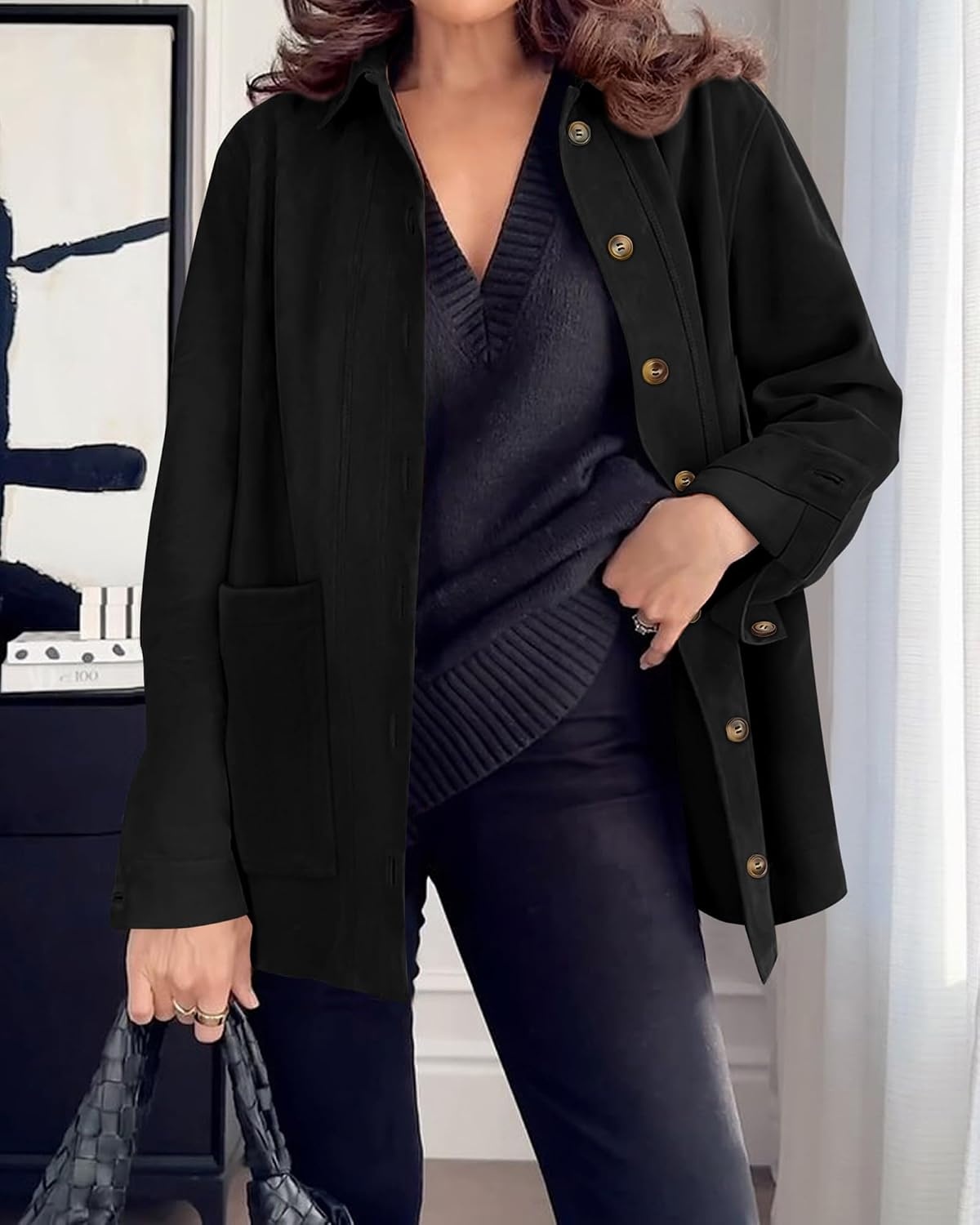 image:imageBTFBM Fall Fashion Faux Suede Jacket Women Winter Clothing NoSew Lapel Neck amp Cuff Long Sleeve Shackets Button Down Outerwear Lightweight Jackets Coats With Pocket Western OutfitBlack