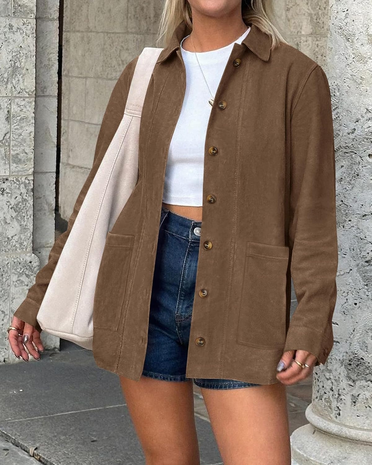 image:imageBTFBM Fall Fashion Faux Suede Jacket Women Winter Clothing NoSew Lapel Neck amp Cuff Long Sleeve Shackets Button Down Outerwear Lightweight Jackets Coats With Pocket Western OutfitLight Brown