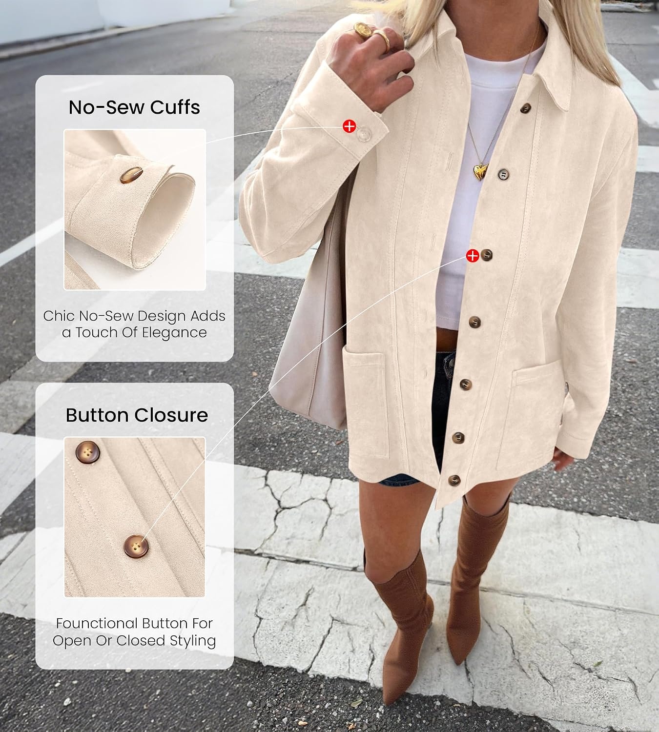 image:imageBTFBM Fall Fashion Faux Suede Jacket Women Winter Clothing NoSew Lapel Neck amp Cuff Long Sleeve Shackets Button Down Outerwear Lightweight Jackets Coats With Pocket Western OutfitBeige