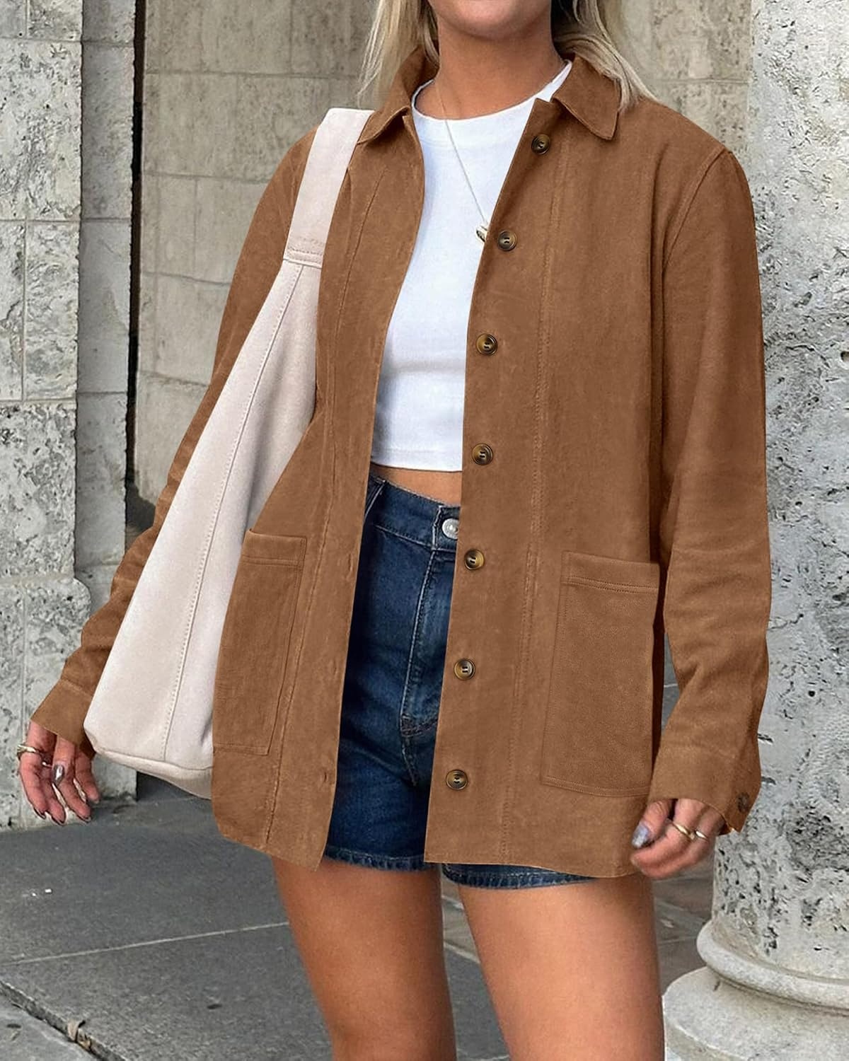 image:imageBTFBM Fall Fashion Faux Suede Jacket Women Winter Clothing NoSew Lapel Neck amp Cuff Long Sleeve Shackets Button Down Outerwear Lightweight Jackets Coats With Pocket Western OutfitCamel