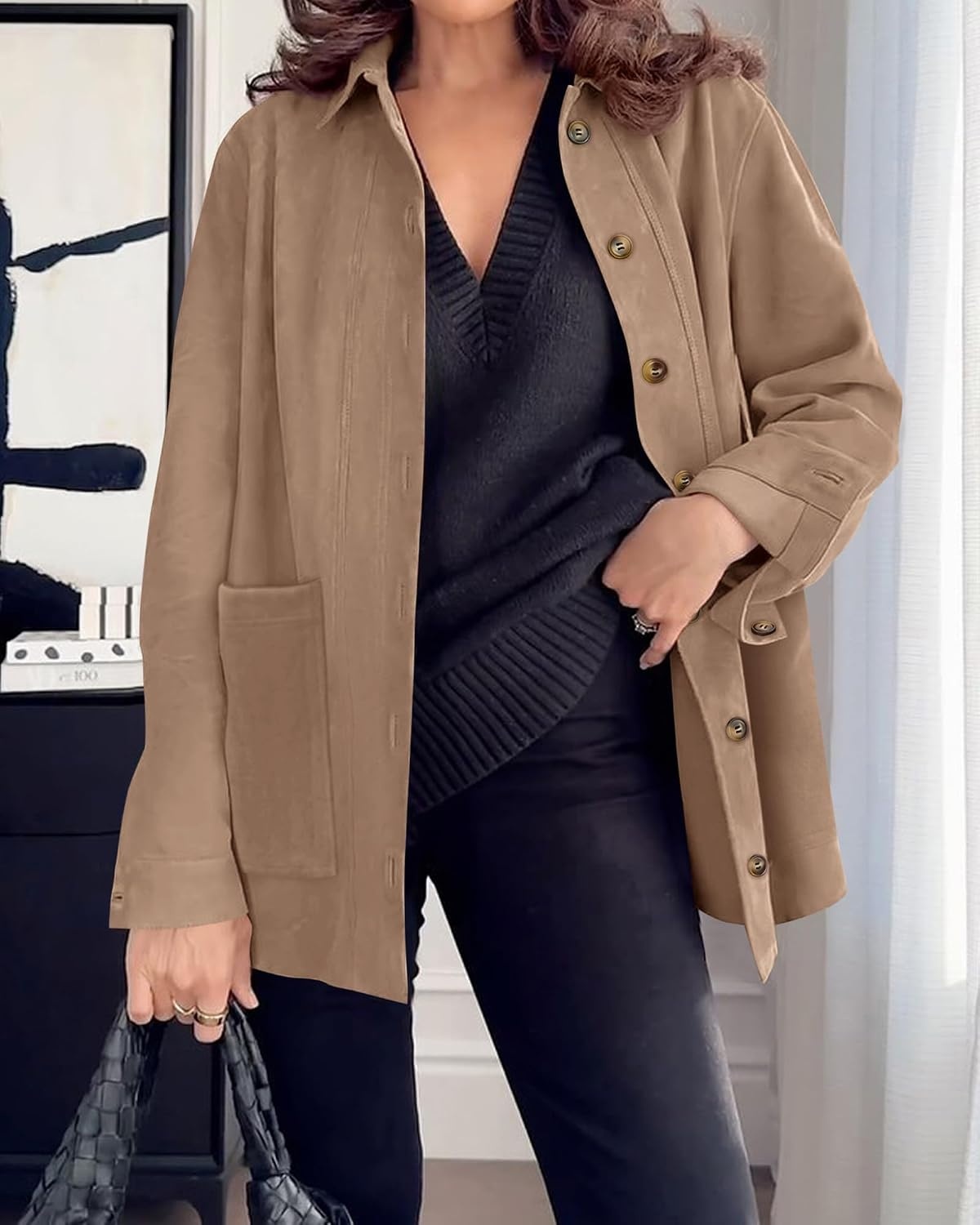 image:imageBTFBM Fall Fashion Faux Suede Jacket Women Winter Clothing NoSew Lapel Neck amp Cuff Long Sleeve Shackets Button Down Outerwear Lightweight Jackets Coats With Pocket Western OutfitLight Khaki