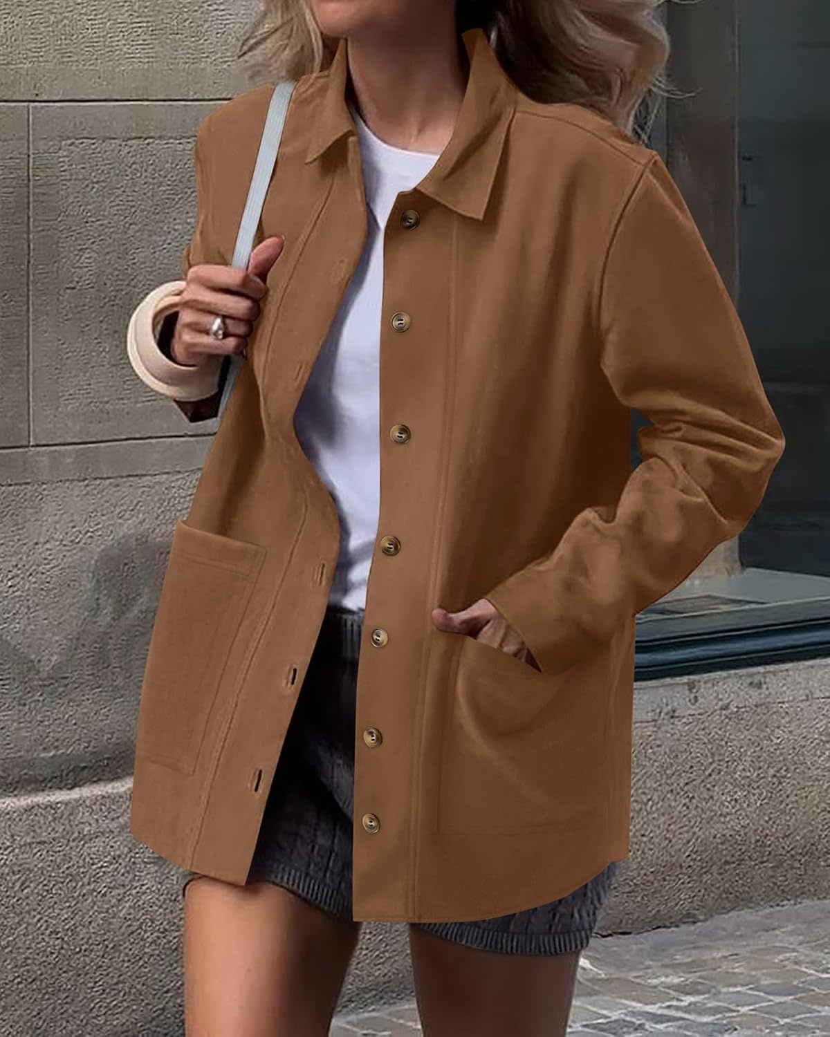 image:imageBTFBM Fall Fashion Faux Suede Jacket Women Winter Clothing NoSew Lapel Neck amp Cuff Long Sleeve Shackets Button Down Outerwear Lightweight Jackets Coats With Pocket Western OutfitCamel