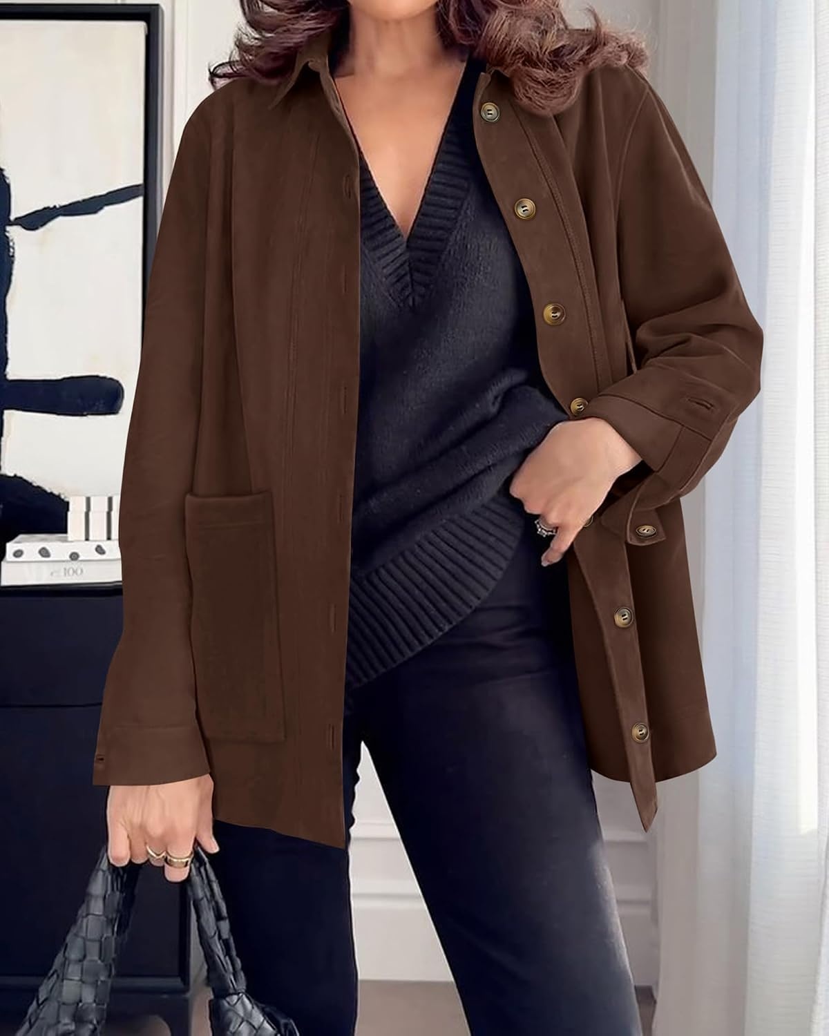 image:imageBTFBM Fall Fashion Faux Suede Jacket Women Winter Clothing NoSew Lapel Neck amp Cuff Long Sleeve Shackets Button Down Outerwear Lightweight Jackets Coats With Pocket Western OutfitCoffee