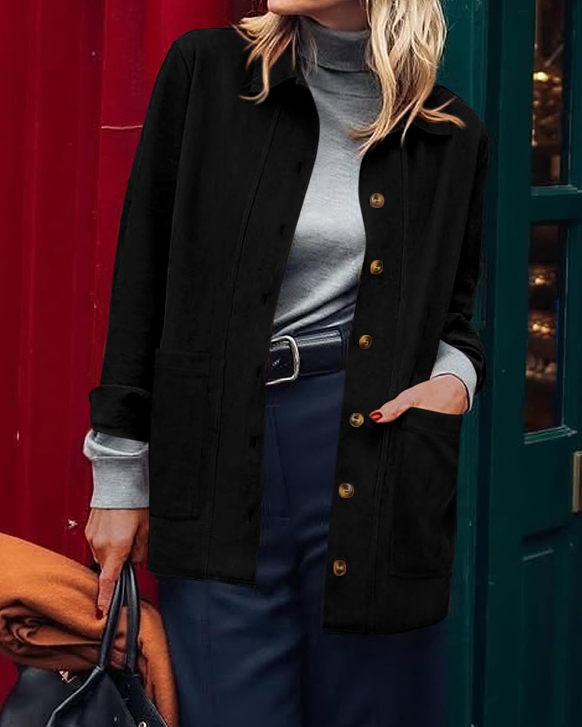 image:imageBTFBM Fall Fashion Faux Suede Jacket Women Winter Clothing NoSew Lapel Neck amp Cuff Long Sleeve Shackets Button Down Outerwear Lightweight Jackets Coats With Pocket Western OutfitBlack